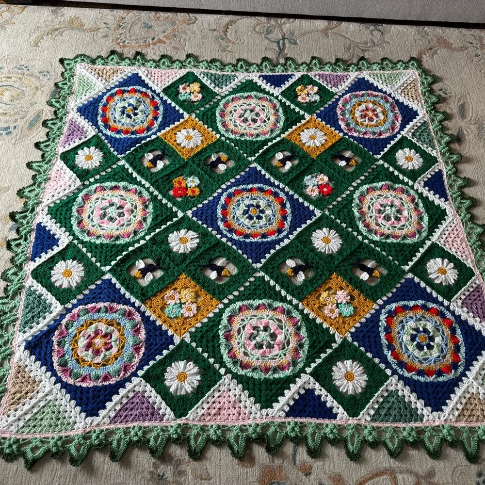 Secret garden style floral granny afghan Handmade Crochet blanket 75” x …